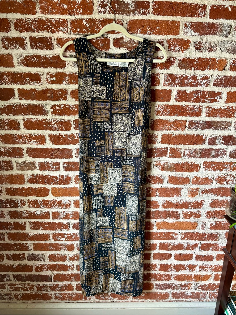 Vintage 90s Kathie Lee Patchwork Printed Navy Blue Dress w/ tie waist